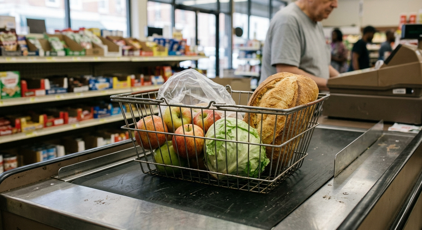 a wire shopping basket containing basic grocery staples like loose apples, a head of lettuce, and a plain bakery loaf sitting on a checkout counter in a modest