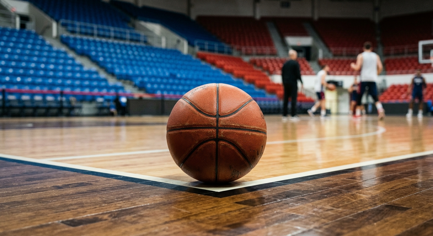 a standard leather basketball resting on the polished hardwood floor of an indoor sports arena, blurred blue and red stadium seating in the background, reflecti