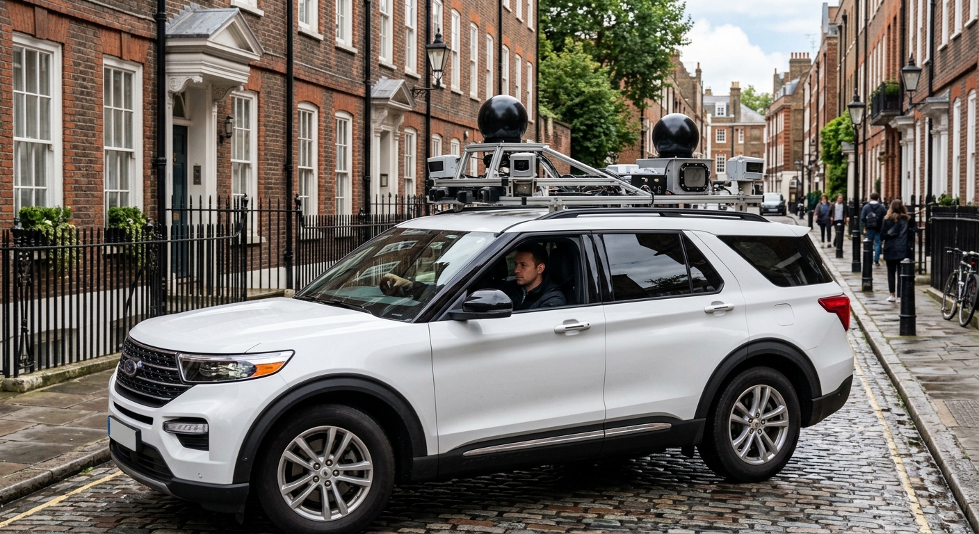 a white SUV equipped with prominent roof-mounted sensor domes and cameras navigating a narrow city street lined with historic brick rowhouses, a human driver vi