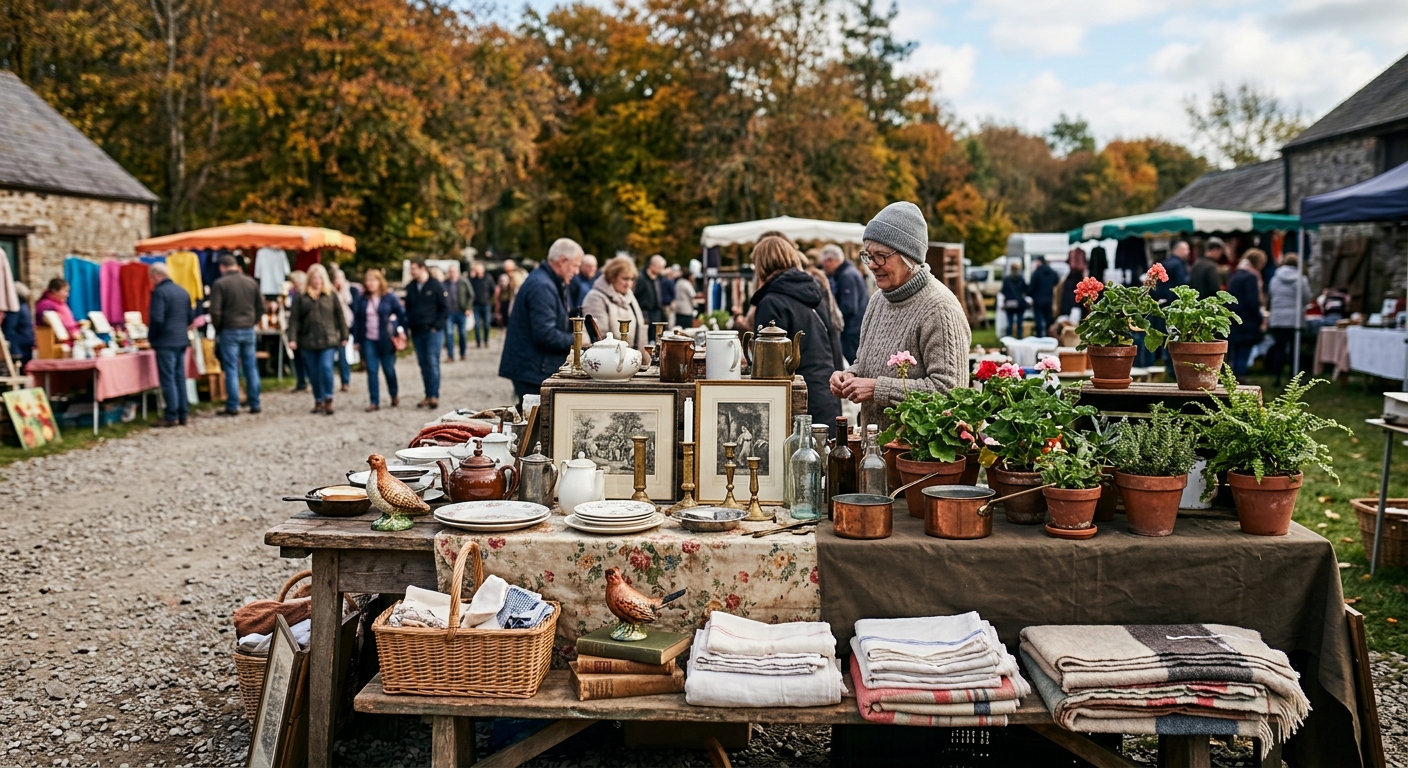an outdoor flea market stall on a crisp day in a rural setting, featuring wooden tables covered with a mix of vintage household objects, potted plants, and wove