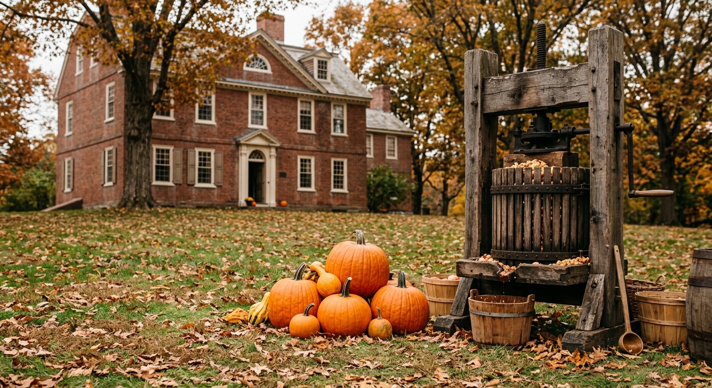 a vintage wooden cider press and several orange pumpkins arranged on a grassy lawn covered in brown autumn leaves, with a historic colonial-era brick estate in