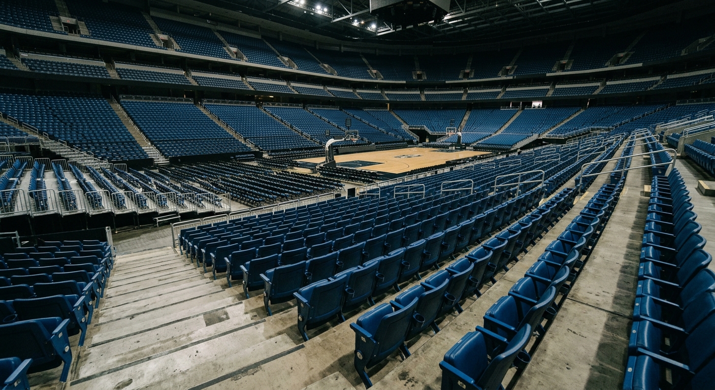 rows of empty plastic stadium seats inside a large indoor sports arena before a major game, natural everyday lighting, shot on a DSLR camera, slight film grain,