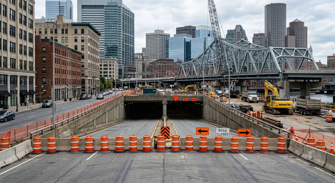 bright orange traffic barrels and concrete barricades blocking the entrance to a multi-lane urban highway underpass, with heavy construction equipment parked ne