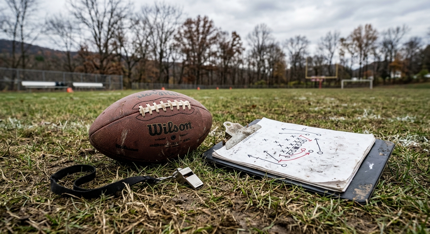 an American football, a coach's whistle, and a tactical clipboard resting on the sidelines of a worn grass football field, with a background of bare autumn tree