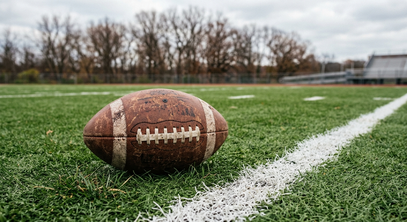 a worn leather American football resting on the green turf of an outdoor practice field with white painted lines, with bare autumn trees in the distance, natura