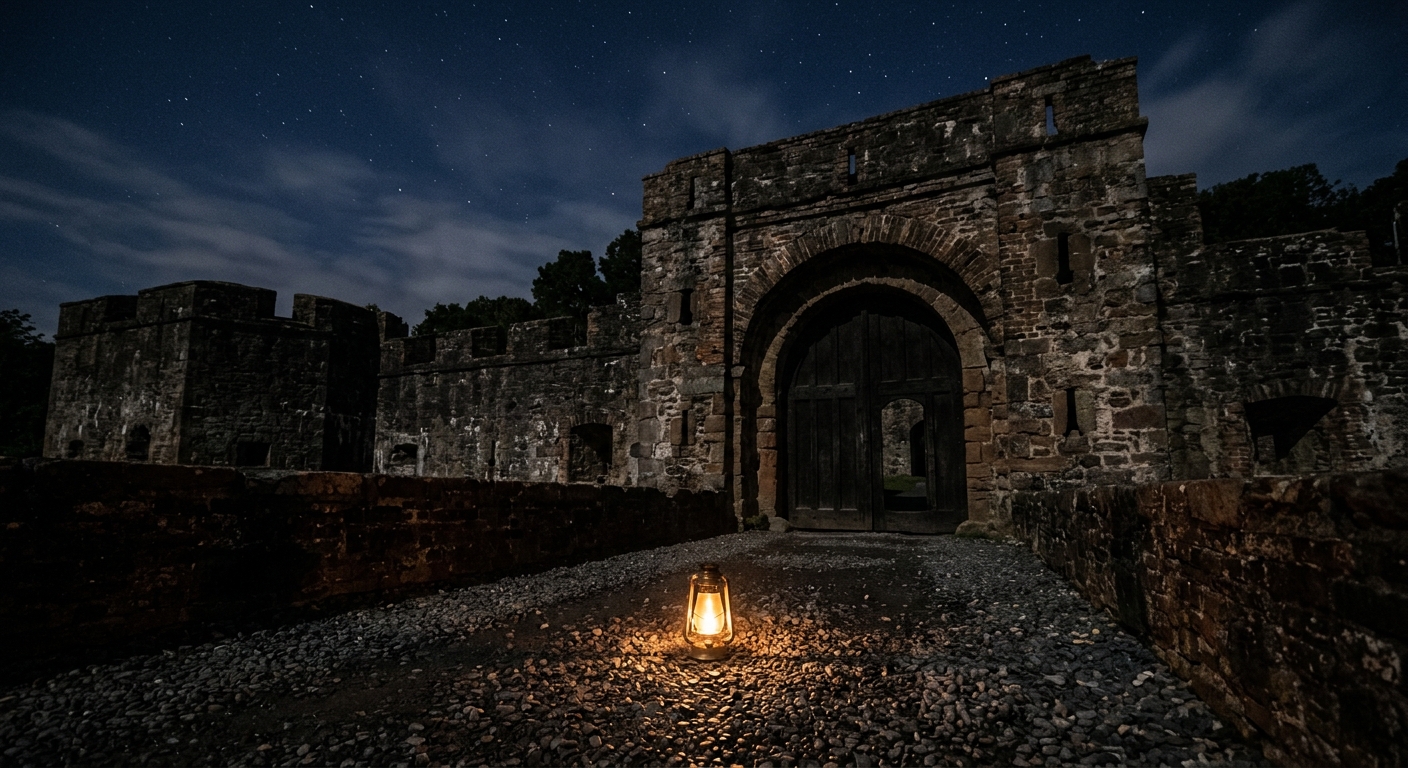 a weathered stone and brick military fort at night, a single glowing candle lantern sitting on a gravel pathway near a thick arched doorway, casting soft light