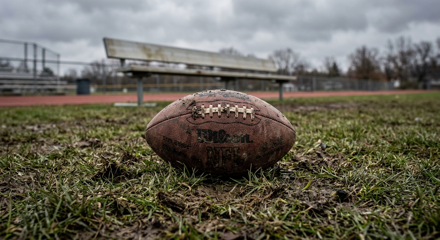 a scuffed and muddy American football resting on a patch of chewed-up grass on a sports field, with an empty sideline bench in the blurred background under a cl