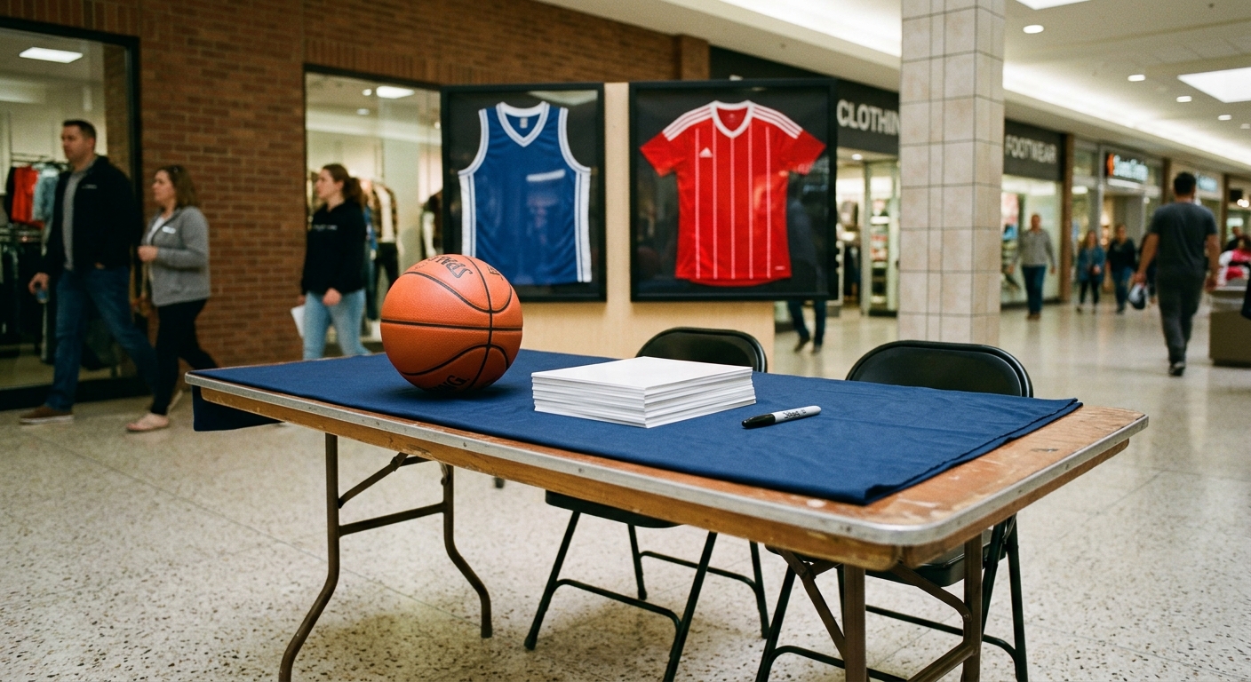 a folding table set up for an autograph signing inside a typical suburban shopping mall, featuring a pristine orange basketball, a stack of blank glossy photogr