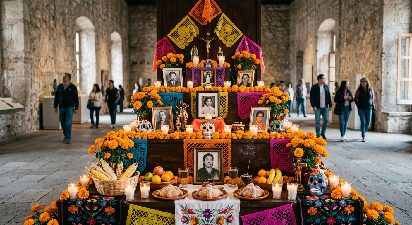 a detailed Día de los Muertos altar set up inside a spacious stone-walled museum hall, adorned with orange marigold flowers, lit candles, decorative ceramic sku