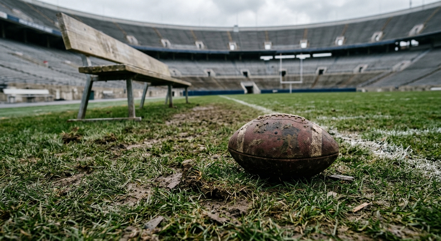 a scuffed and muddy American football resting on chewed-up natural grass near an empty sideline bench in a large outdoor stadium on a cold overcast day, natural
