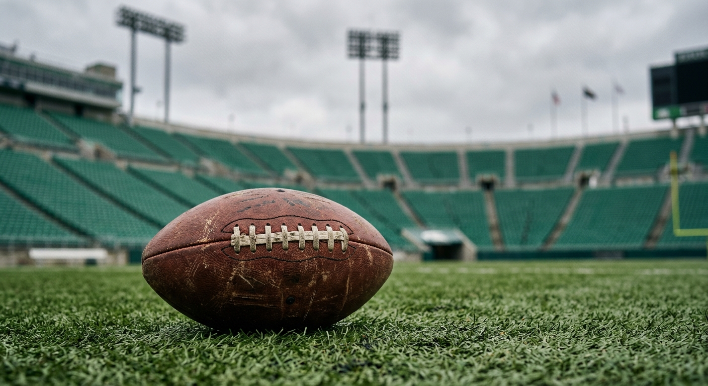 an unmarked, scuffed leather American football resting on the synthetic turf of a large outdoor stadium, with out-of-focus green stadium seating and tall light