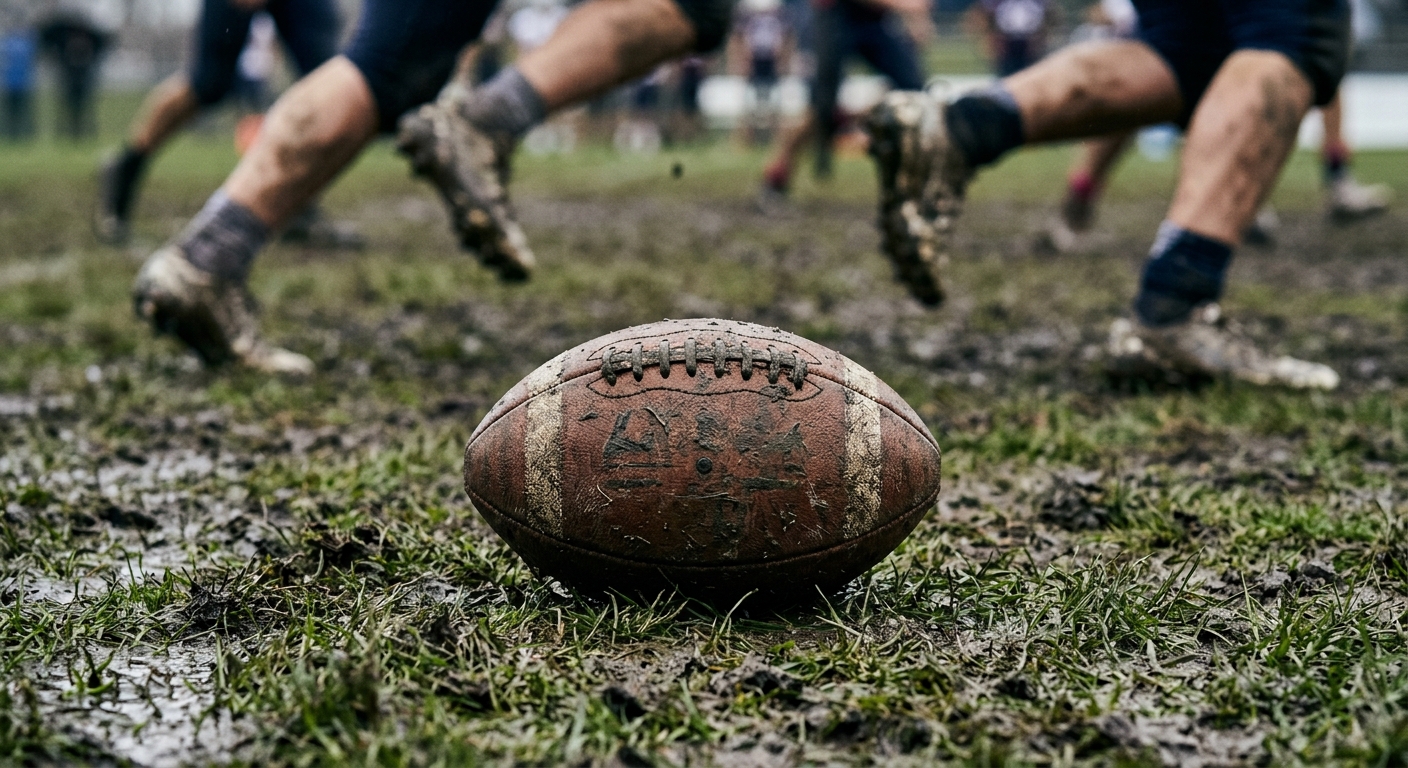 a scuffed American football resting on muddy stadium turf, with the blurred cleats and lower legs of athletes in the background, natural everyday lighting, shot