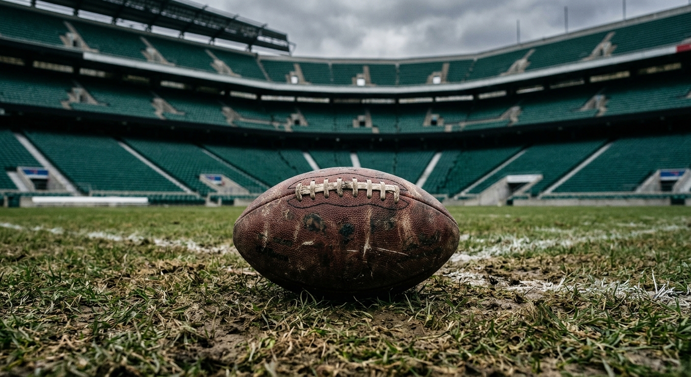 a scuffed American football resting on worn field turf inside an empty, overcast outdoor stadium with dark green seating, reflecting a somber late-season atmosp