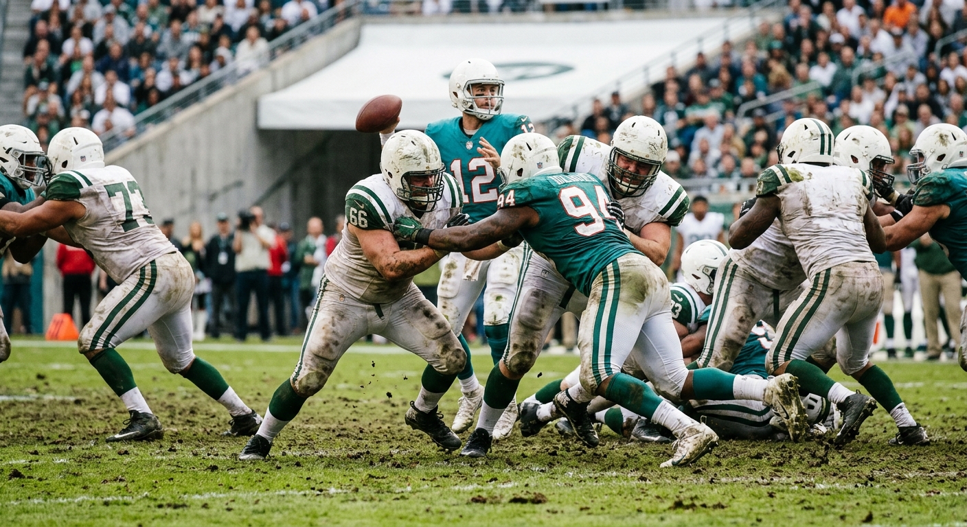 a professional American football game in an outdoor stadium, showing a tight view of the line of scrimmage where defensive linemen are fiercely pushing through