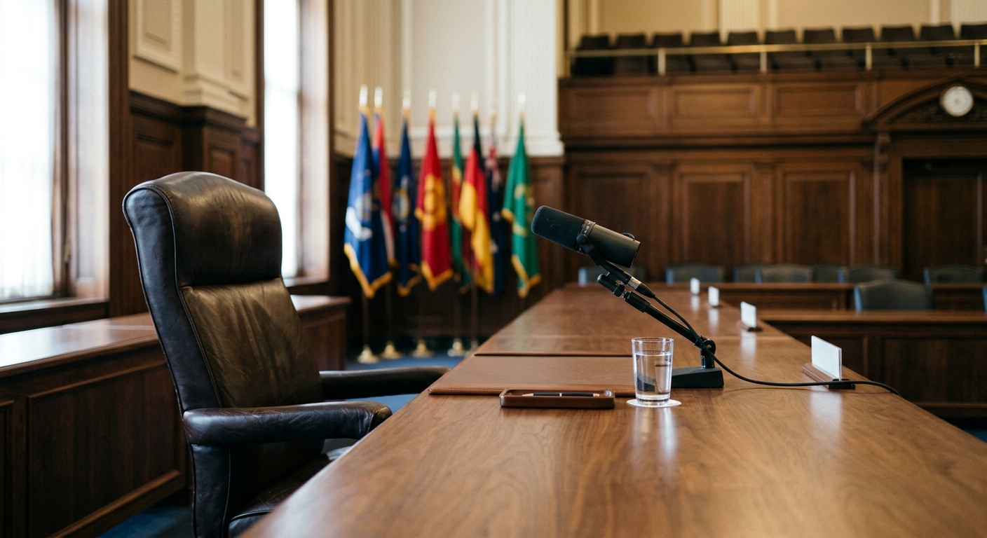 an empty dark leather chair and a microphone at a long wooden desk inside a formal government committee hearing room, blurred flags in the background, natural e