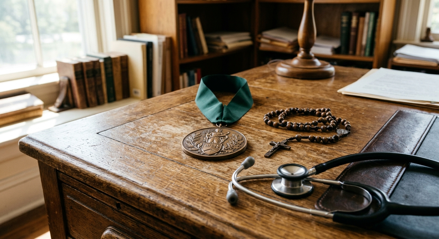 a bronze ceremonial medal resting on a heavy oak desk alongside a simple wooden Catholic rosary and a medical stethoscope in a traditional university office, na