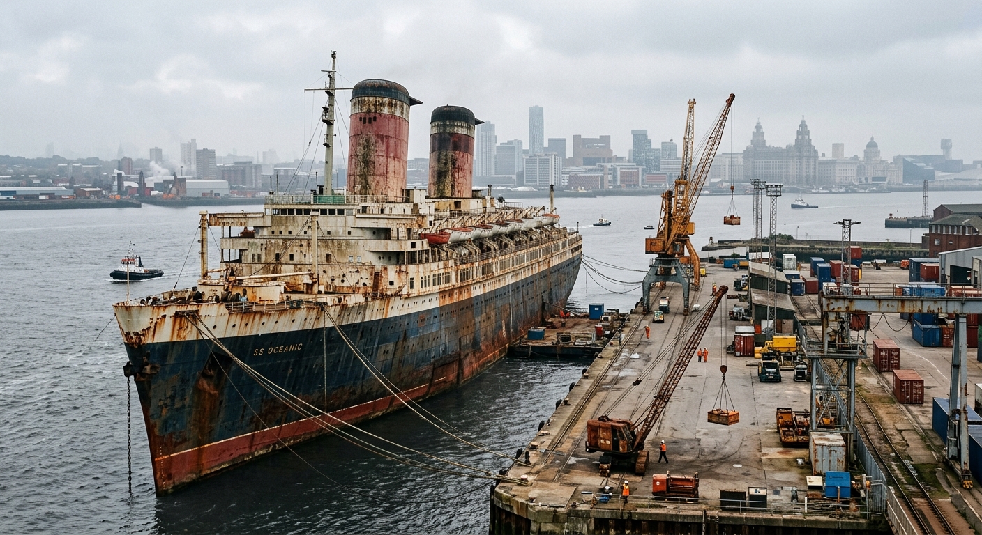 a massive, aging vintage ocean liner with faded paint and rusted smokestacks docked at an industrial pier on a wide river, with utilitarian dock infrastructure