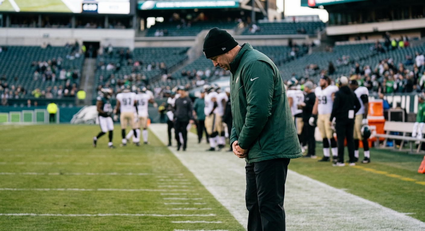 an American football coach wearing a dark green jacket, standing alone on the sideline turf with his head bowed in frustration, out-of-focus players in the back
