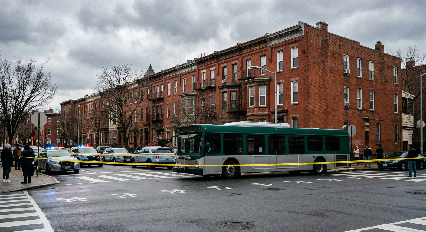 a city transit bus stopped at an intersection lined with brick rowhouses, the street blocked off by yellow barrier tape and parked patrol vehicles, overcast sky