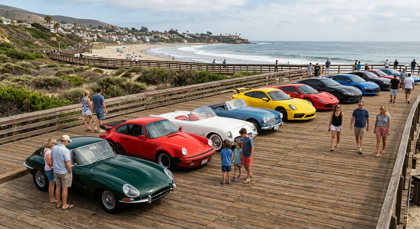 a long row of vintage and modern sports cars parked on a wooden coastal boardwalk near the beach, with pedestrians casually admiring the vehicles, natural every