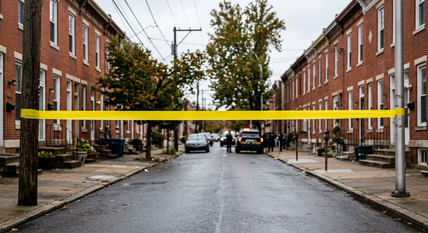 a strip of blank yellow caution tape stretched across a residential street lined with traditional urban brick row houses, with a blurred police vehicle parked i