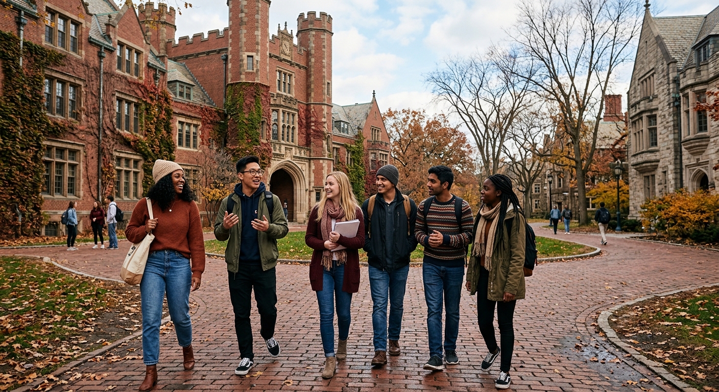 a diverse group of college students in casual autumn clothing walking and talking together along a brick-paved path on a historic university campus, classic red