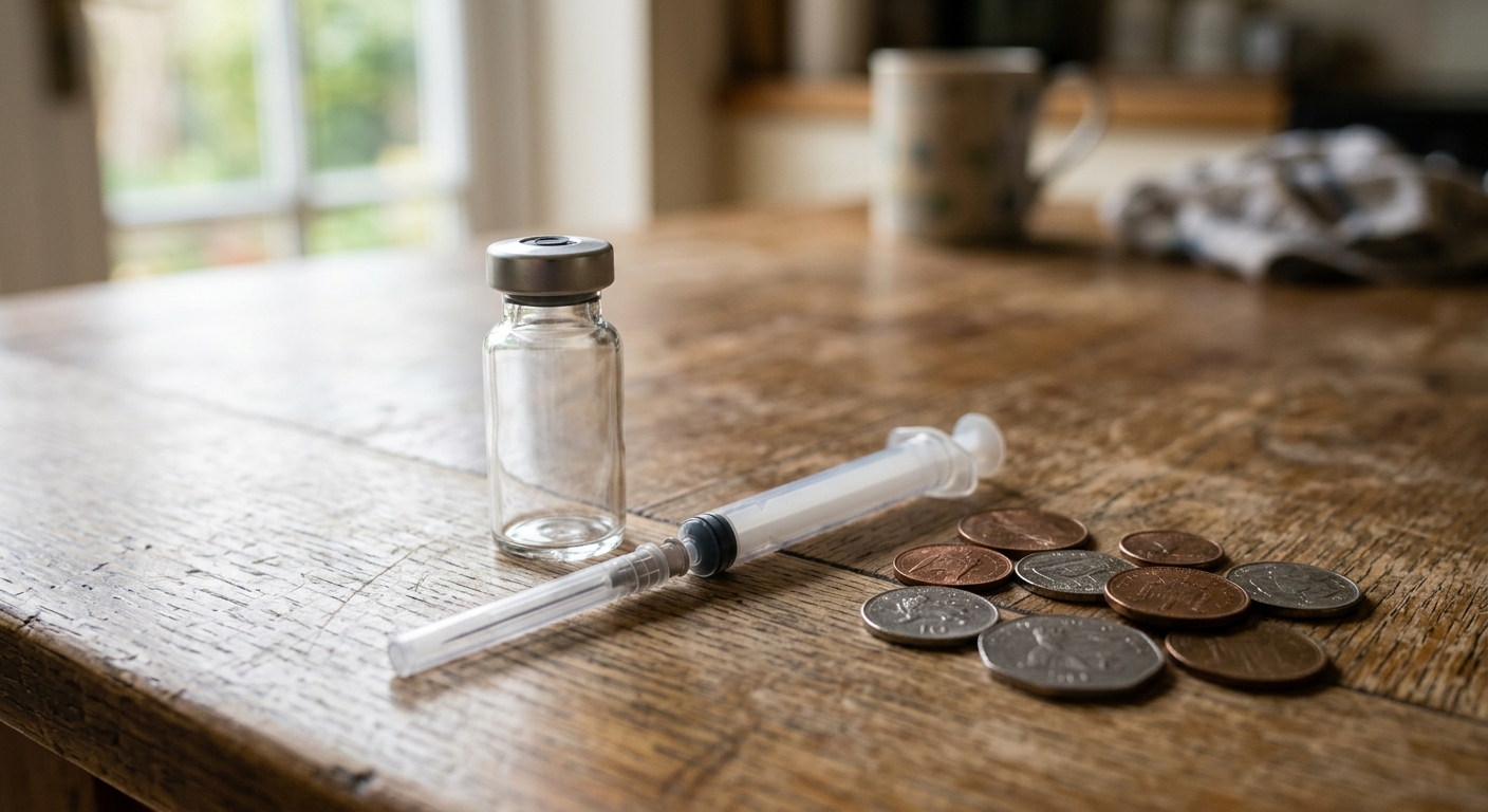 a plain glass medical vial and a sterile syringe resting on a wooden kitchen table next to a small scattering of loose coins, natural everyday lighting, shot on