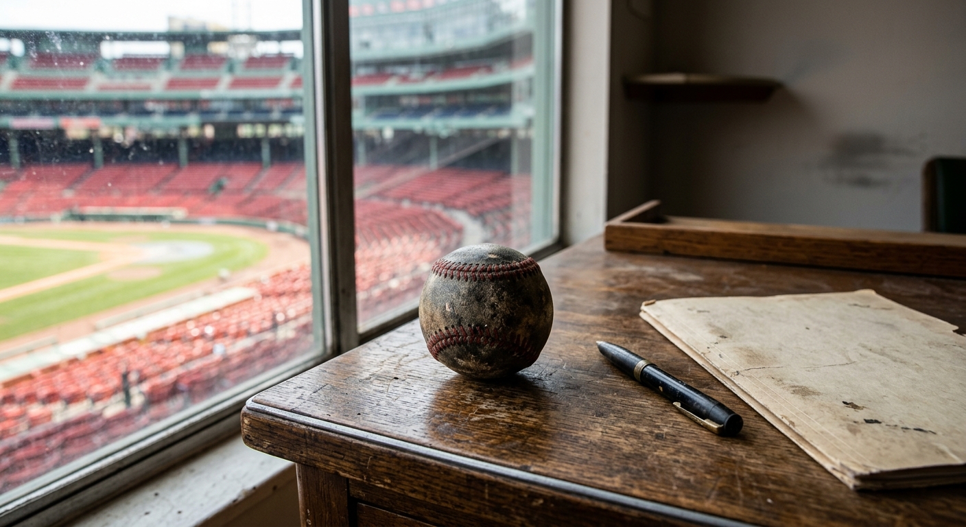 a weathered baseball resting on a wooden manager's desk next to a pen and a closed folder, with an out-of-focus empty baseball stadium featuring red seats visib