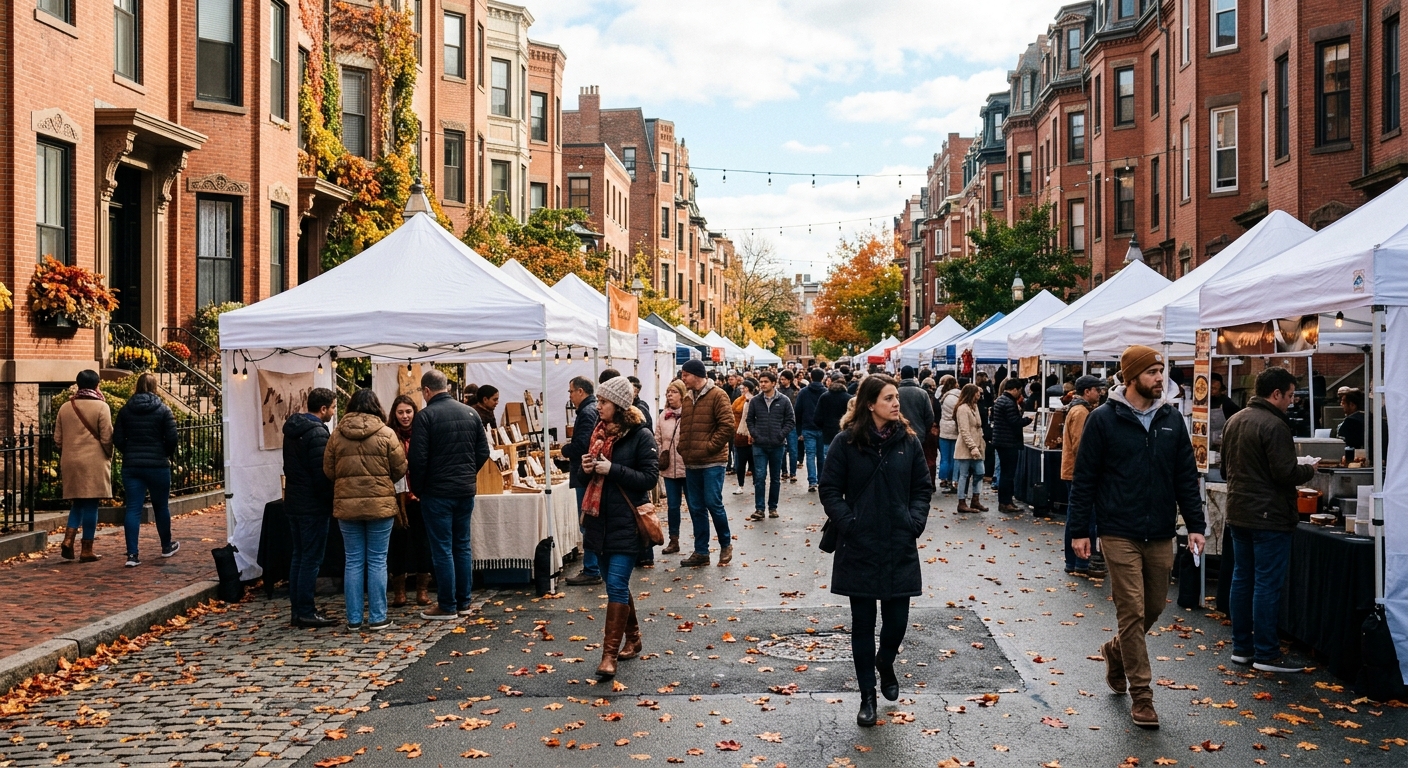 a bustling autumn street festival in a historic urban neighborhood with classic brick rowhouses, featuring scattered fallen leaves on the pavement, small white