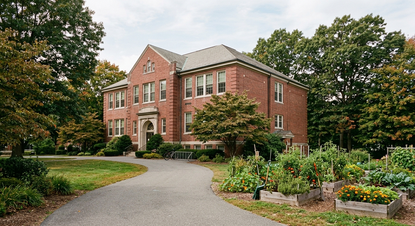 an older red brick public school building surrounded by mature trees, a small community garden, and an empty paved walkway, reflecting a quiet suburban educatio