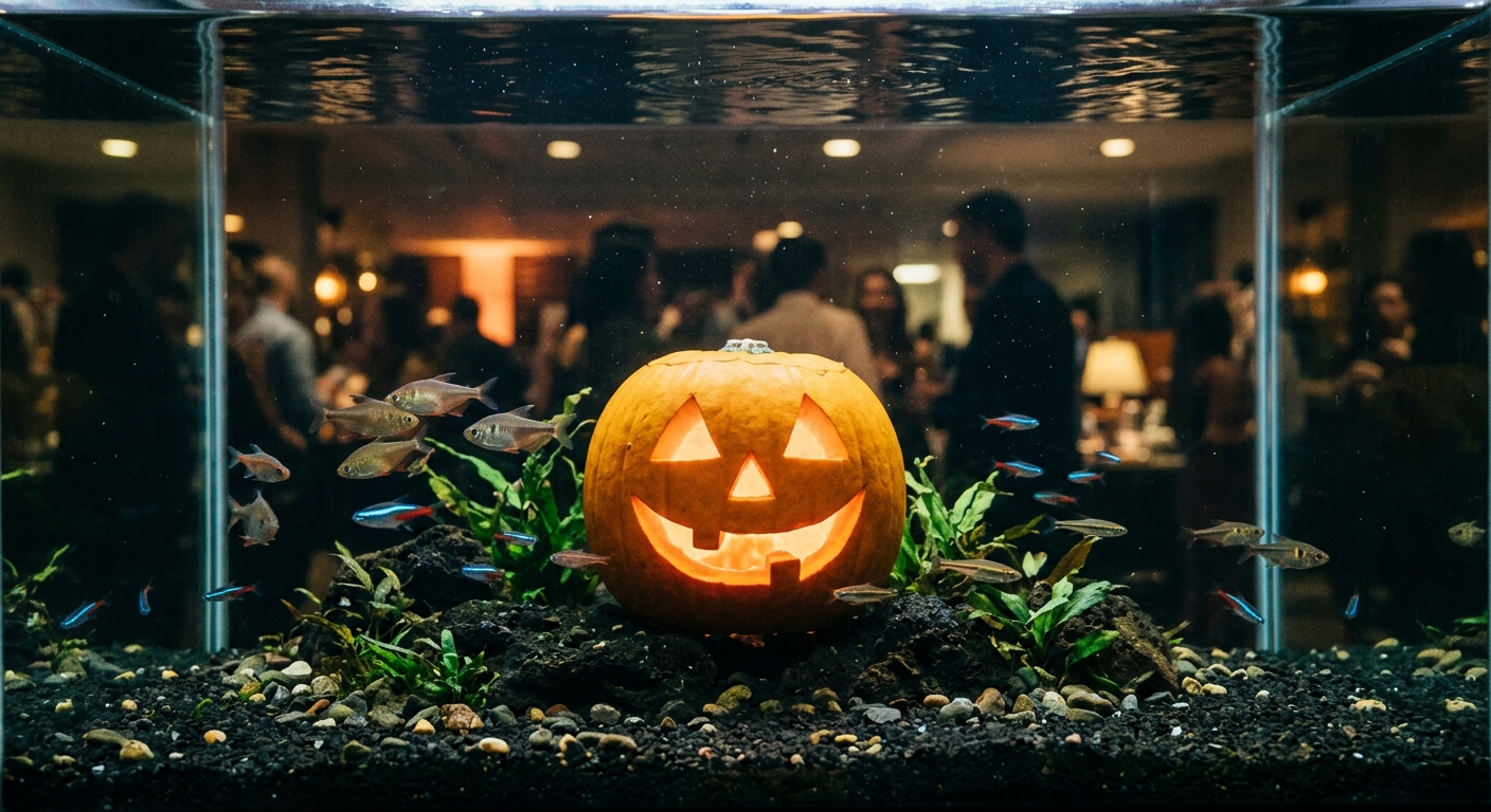 a carved glowing orange pumpkin submerged underwater inside a large glass aquarium tank, small fish swimming nearby, set against the ambient indoor lighting of