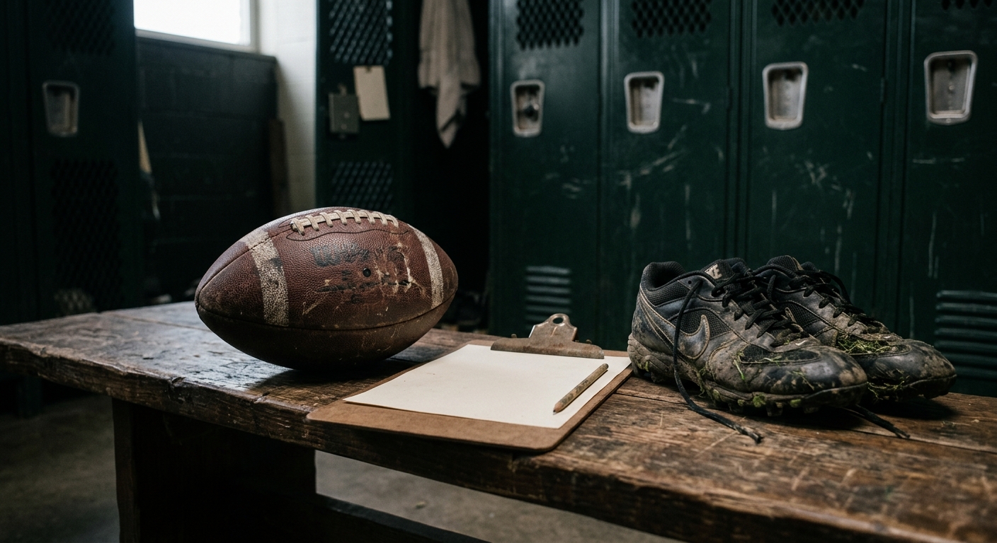 a worn American football resting on a wooden locker room bench next to a blank clipboard and a pair of grass-stained cleats, with out-of-focus dark green locker