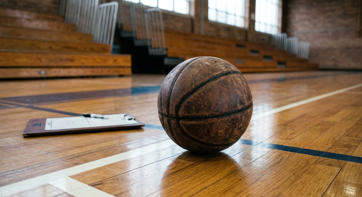 a worn leather basketball resting on a polished hardwood indoor court, with a blurred tactical clipboard and empty wooden bleachers in the background, natural e