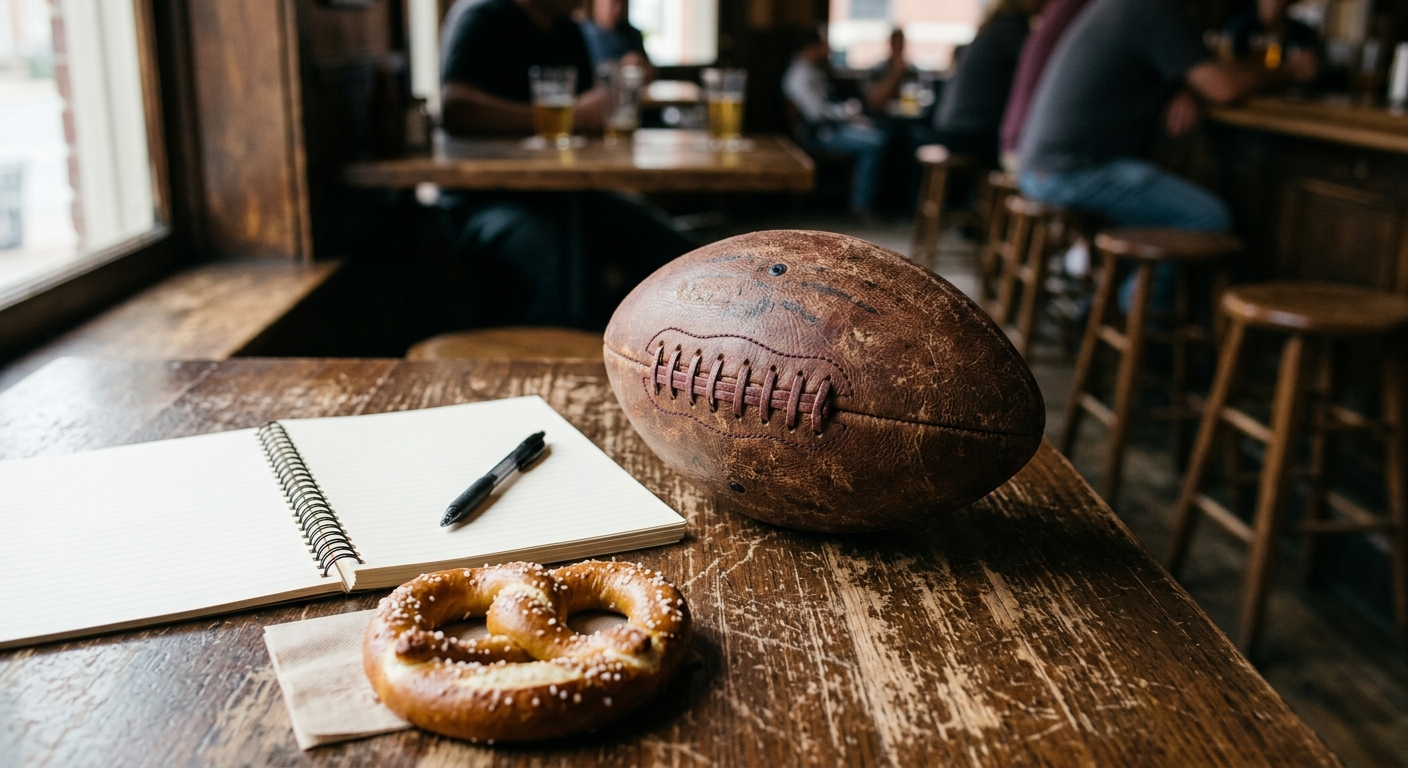 a brown leather American football resting on a scratched wooden tavern table beside a blank notepad, a black pen, and a soft pretzel, with softly blurred bar st