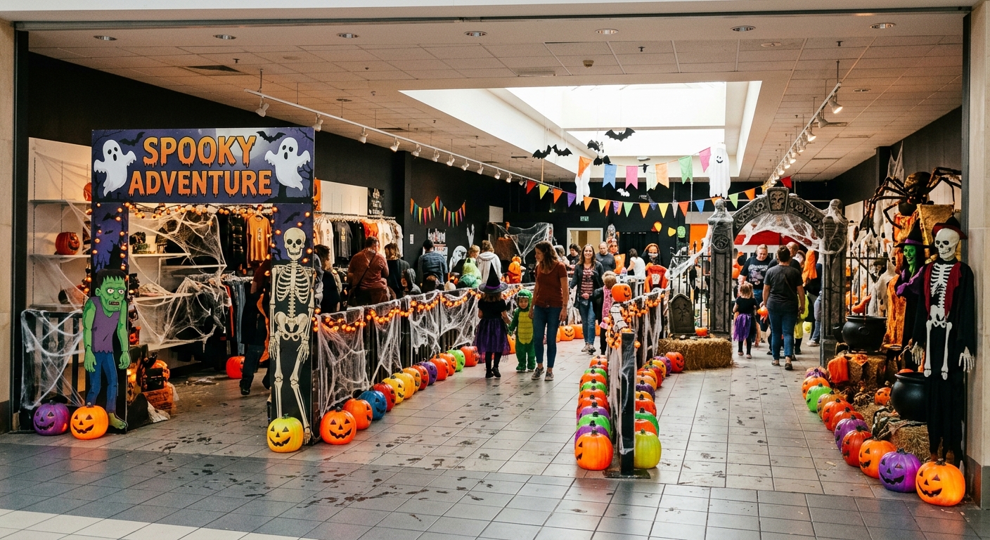 the interior of a large, converted retail space inside an indoor shopping center transformed into a family-friendly Halloween attraction, featuring glowing plas
