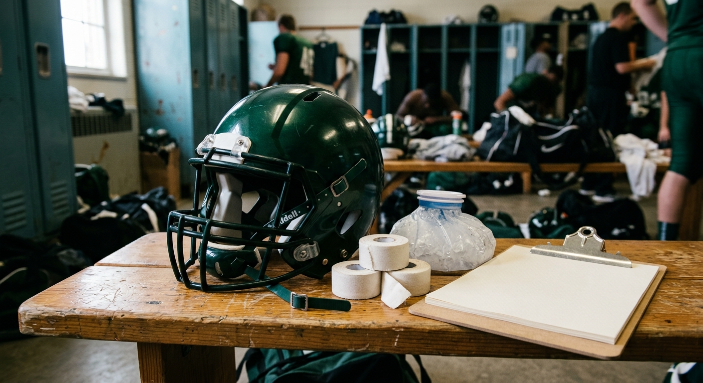 a dark green American football helmet resting next to rolls of white athletic tape, an ice pack, and a blank clipboard on a wooden locker room bench, natural ev