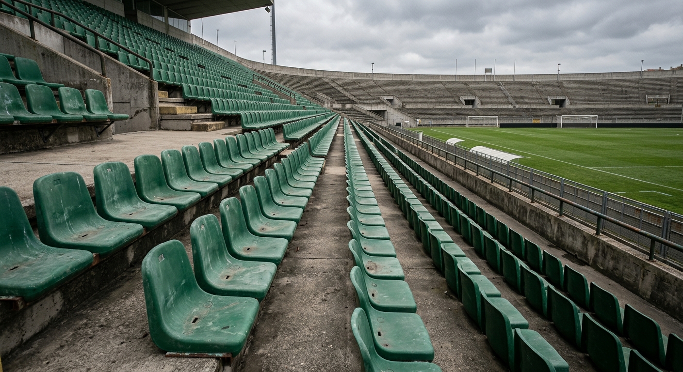 rows of empty, slightly weathered green stadium seats at an outdoor sports venue under an overcast sky, natural everyday lighting, shot on a DSLR camera, slight