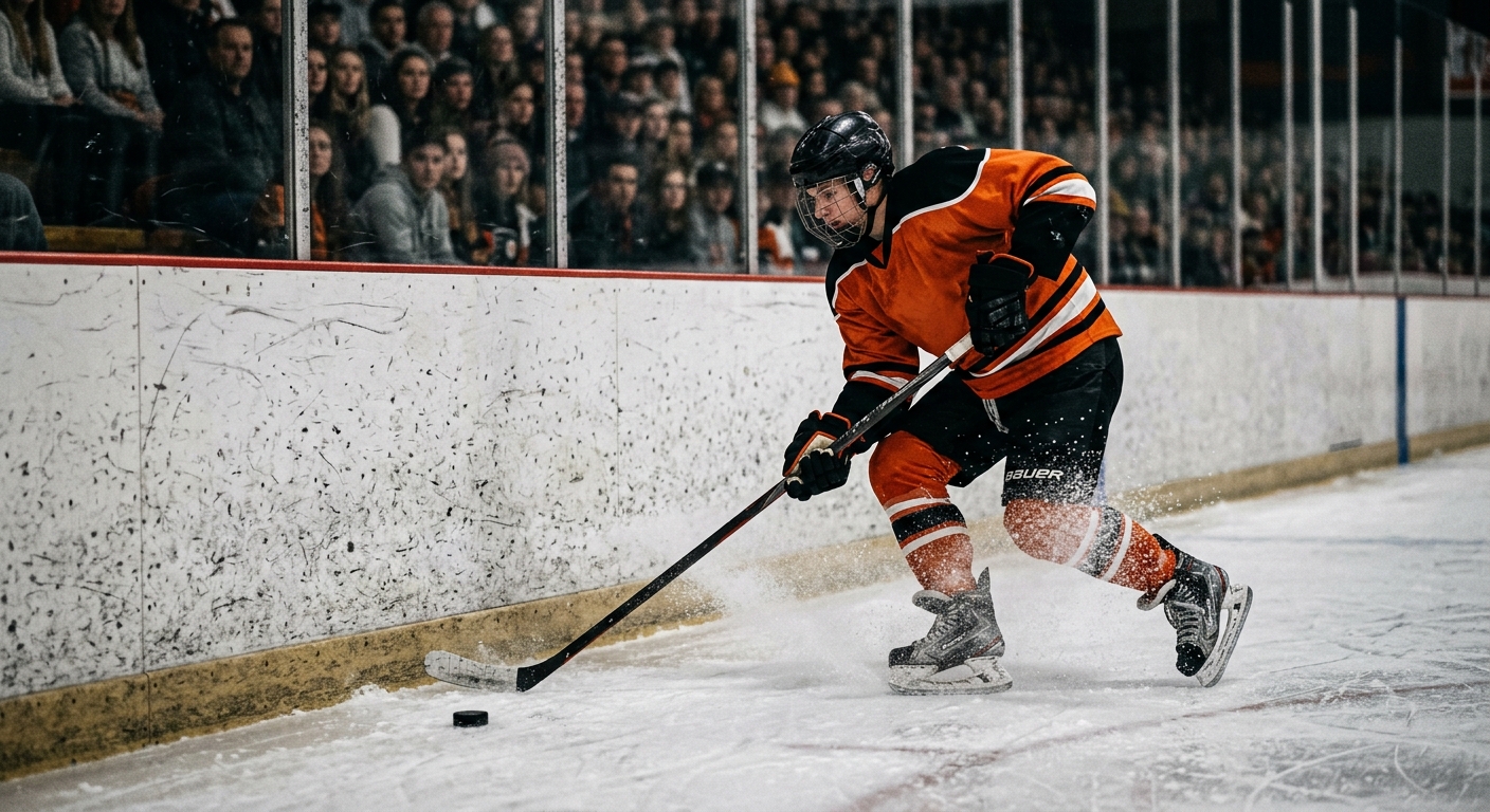 a young hockey player in an orange and black jersey controlling the puck along the scuffed ice rink boards during a fast-paced game, ice shavings flying around