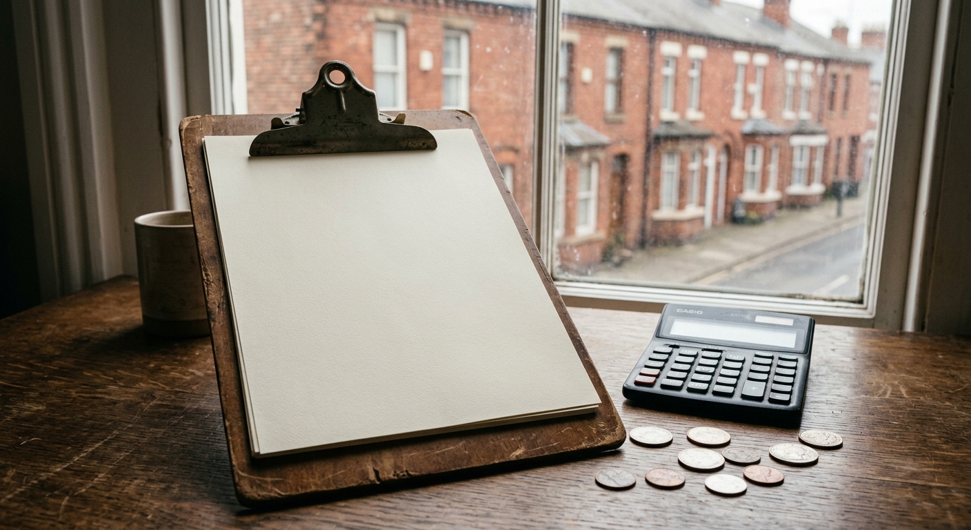 a worn clipboard holding blank paper, a basic calculator, and a few scattered coins on a wooden office desk, with a blurred view of a classic red brick city row