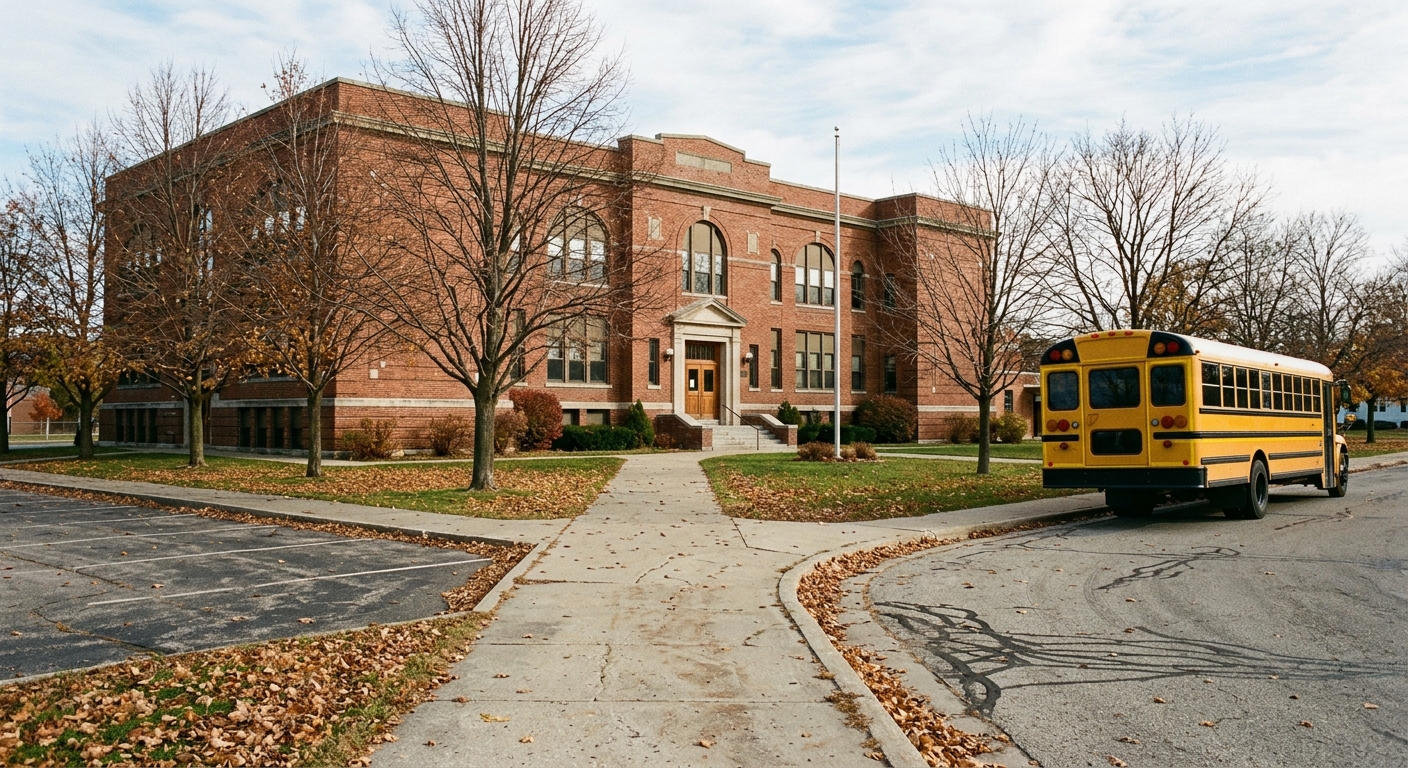 a classic red brick public school building featuring a paved walkway, a few bare autumn trees, and a yellow school bus parked near the curb, natural everyday li