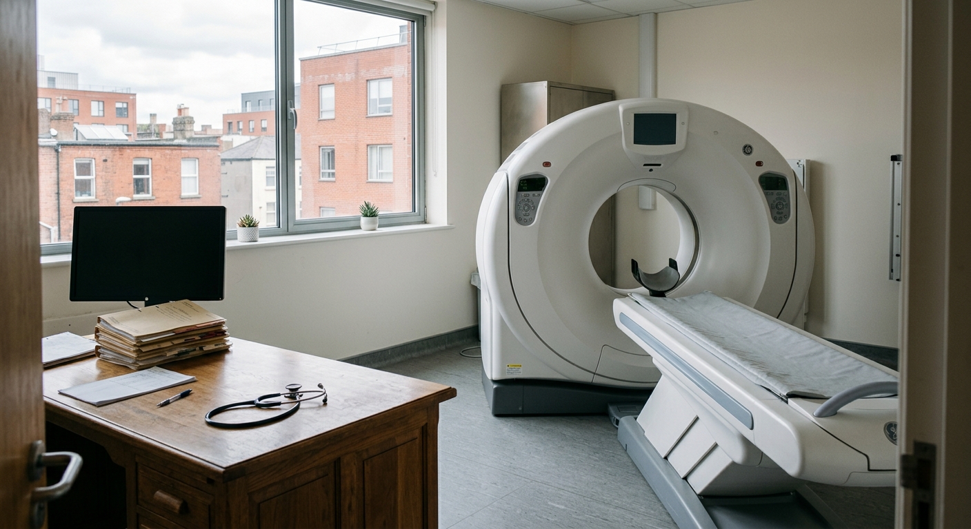 an empty, modern white medical CT scanner machine in a typical clinic room, with a wooden desk holding medical folders, a stethoscope, and an unlit monitor, loo