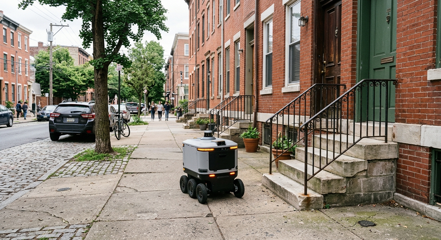 a small, boxy autonomous food delivery robot rolling along a concrete sidewalk in a dense urban neighborhood, passing by traditional red brick rowhouses with st