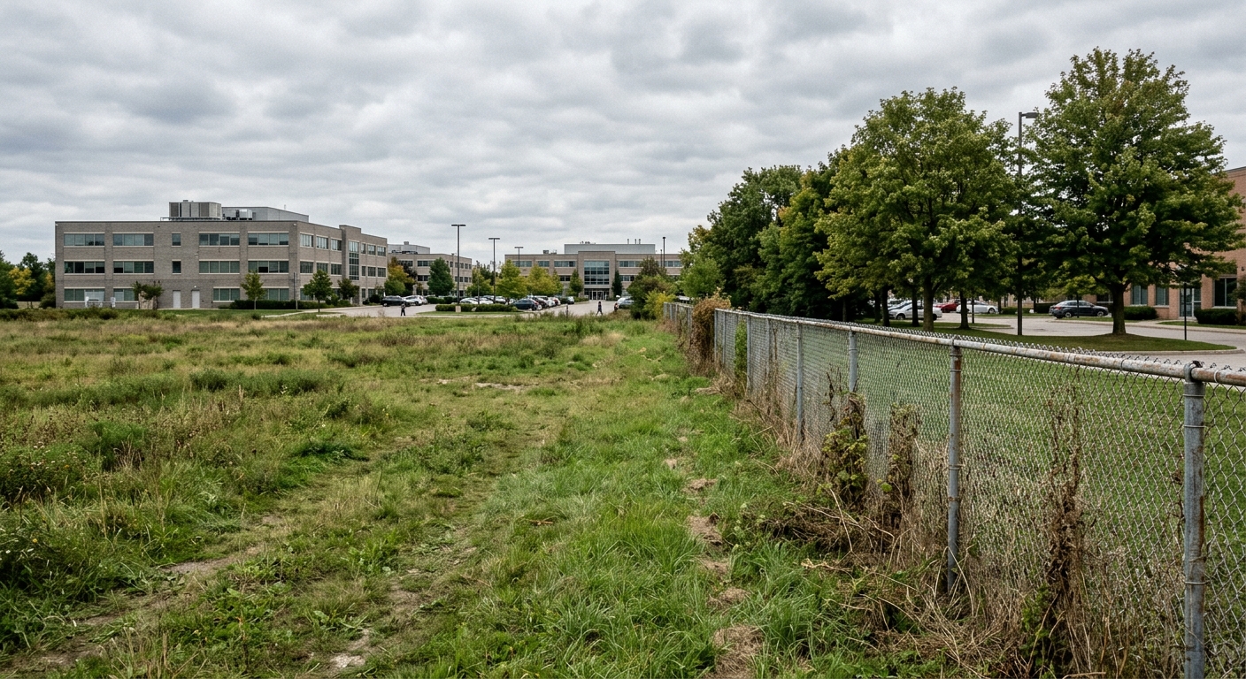 a large vacant grassy lot next to a suburban commercial office park, featuring mature deciduous trees and an older chain-link fence under a cloudy sky, natural