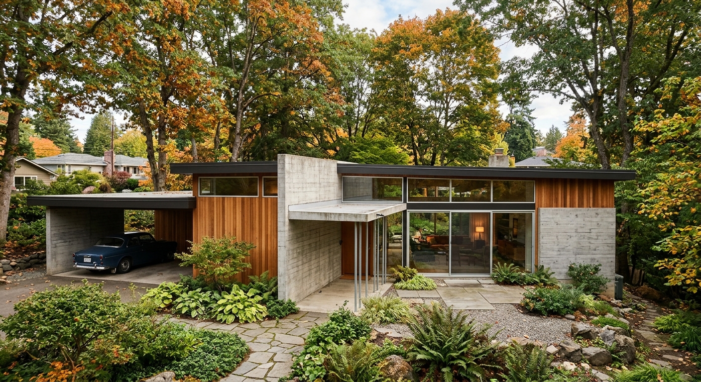 a mid-century modernist residential house featuring a flat roof, large glass windows, and geometric concrete elements, nestled among mature deciduous trees in a