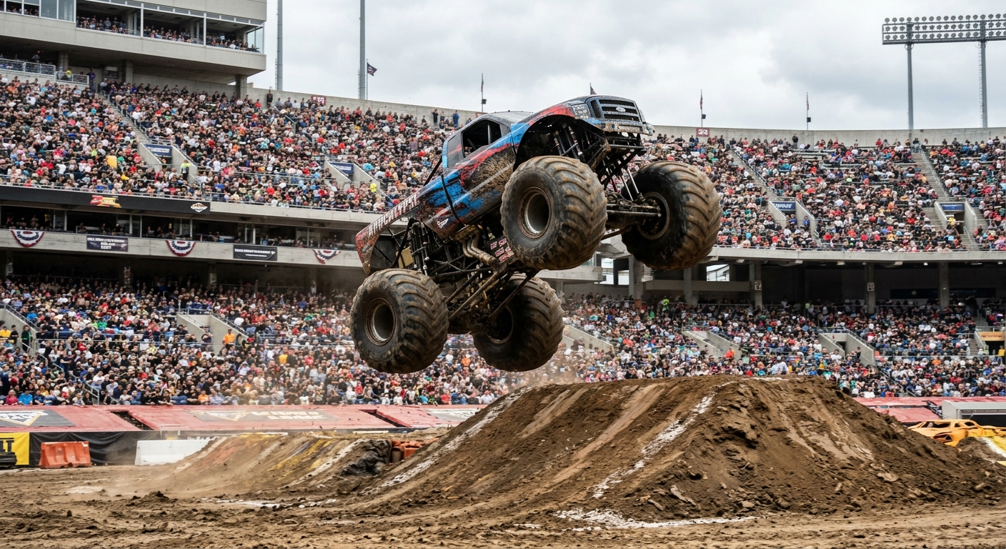a massive monster truck with oversized tires catching air over a large dirt mound inside a major outdoor sports stadium during a motorsports event, stadium seat