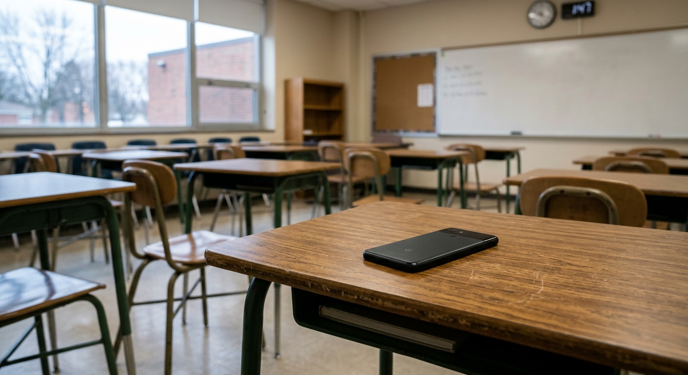 a smartphone lying face down on a standard wooden school desk inside a typical American classroom, with empty student chairs and desks slightly out of focus in