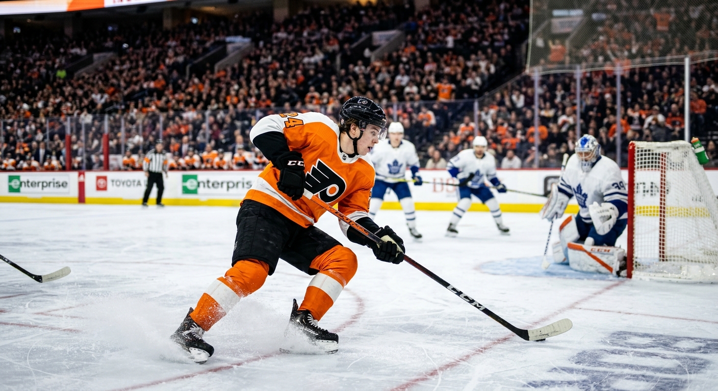 a fast-paced professional ice hockey game, focusing on a young player in an orange and black jersey skating aggressively toward the net, ice shavings flying und