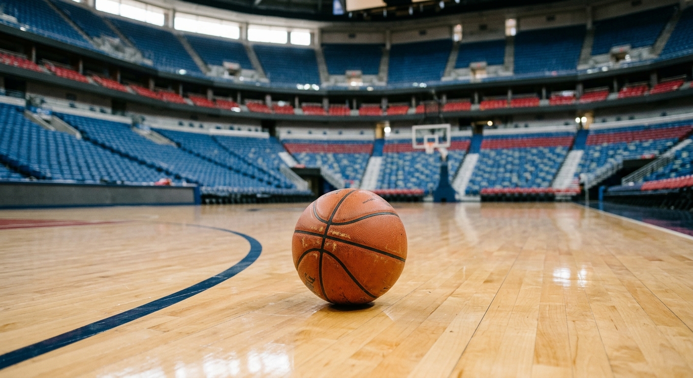 a basketball resting on a polished hardwood court inside a large professional sports arena, with blurred blue and red stadium seats in the background, natural e