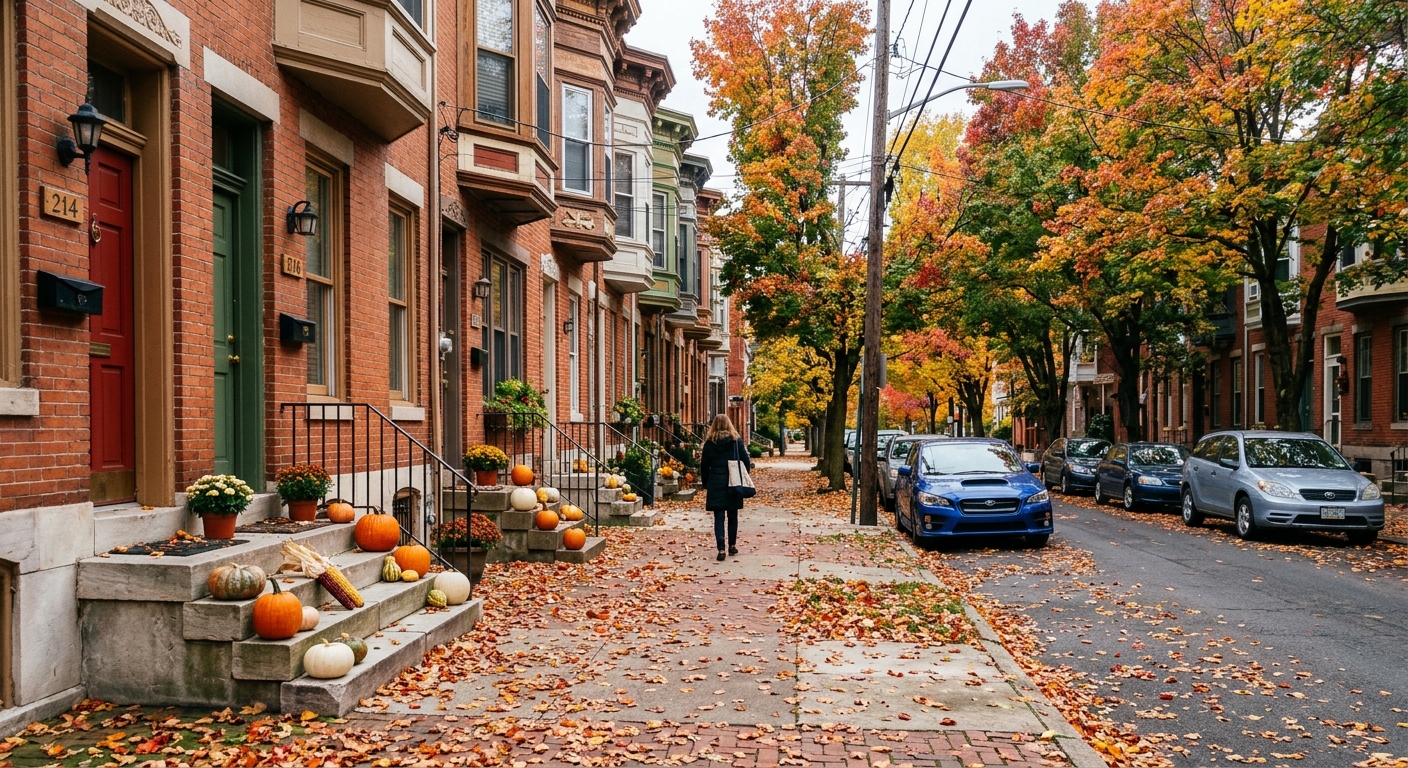a residential city street lined with historic brick rowhouses decorated for autumn, featuring various pumpkins resting on concrete stoops and fallen autumn leav