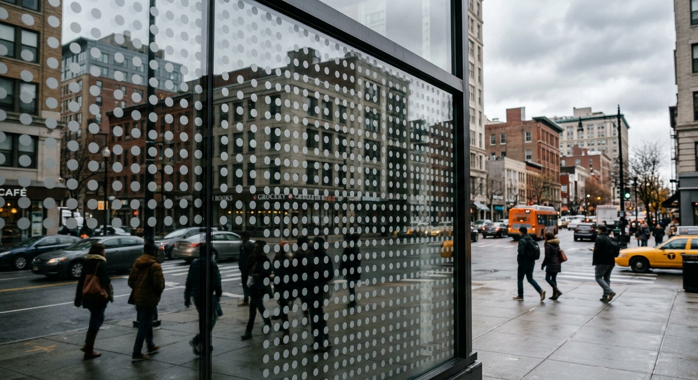 a modern urban building window treated with a pattern of small frosted vinyl dot decals, reflecting a cloudy northeastern American downtown street scene, natura